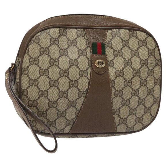 GUCCI GG Supreme Web Sherry Line Clutch Bag PVC Beige Red 89 01 034 Auth KD048 - Picture 1 of 16